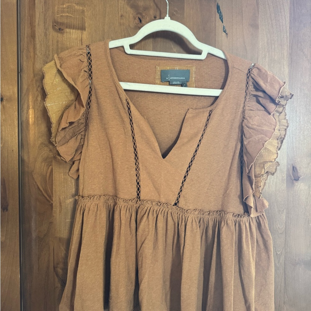 Anthropologie Camel Shimmer Ruffle Flutter Sleeve Top